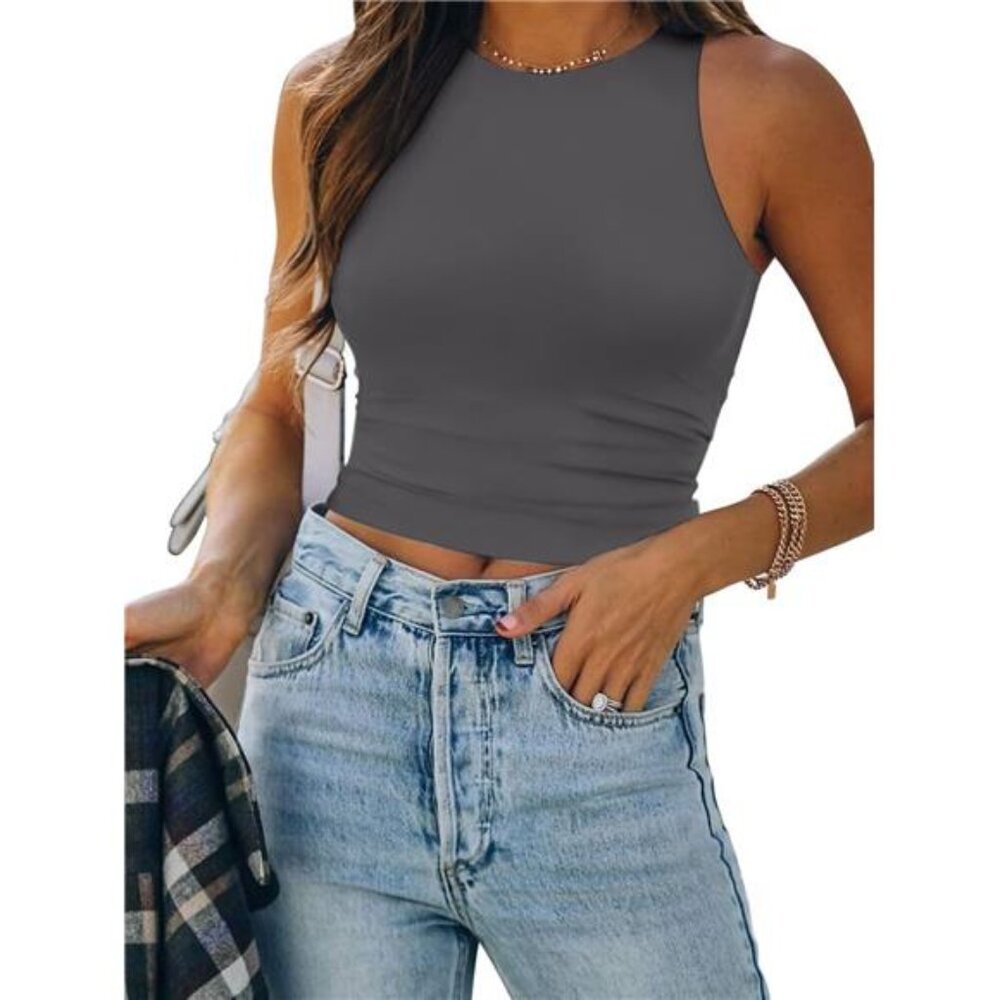 Womens Double Lined Crop Tank Tops Casual Basic Shirts Sleeveless Dark Grey
